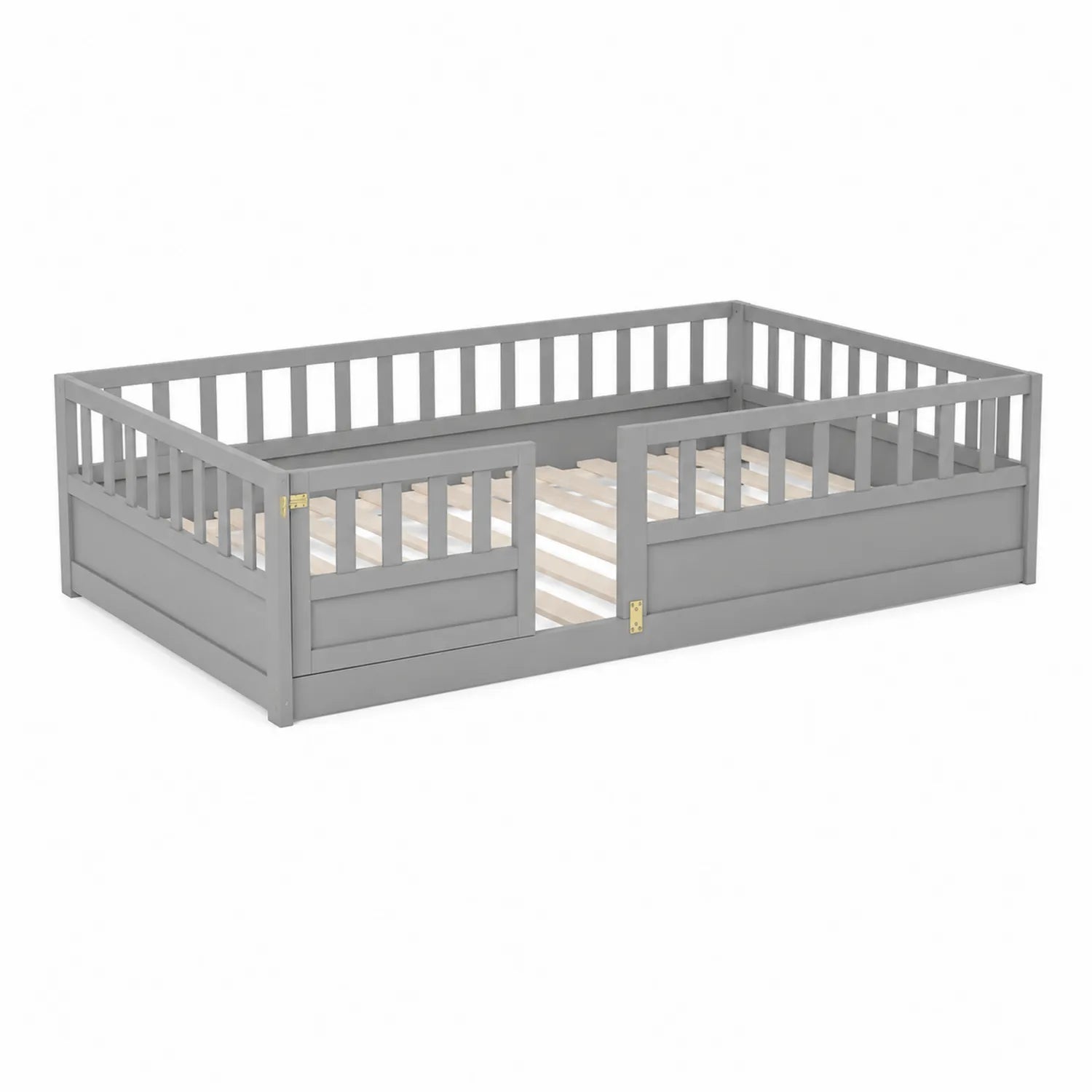 Cama infantil de madera maciza con barandillas y acceso, gris, 200x90 cm