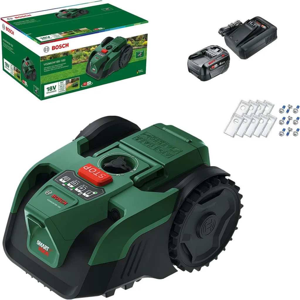 Robot cortacésped inalámbrico Bosch VISIMOW18V-100, ideal para jardines hasta 100 m², ancho de corte 16 cm, altura ajustable 20-60 mm, incluye baterías y cargador