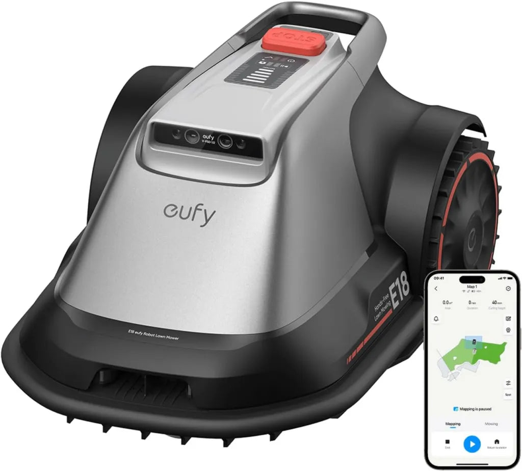 Robot cortacésped eufy E18 con tecnología TrueVision y GNSS, para jardines hasta 1200 m², corte preciso y detección de obstáculos, control por app