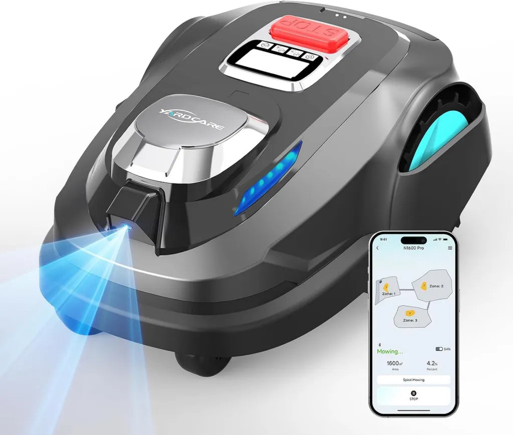 Robot cortacésped YARDCARE N1600 Pro sin cable, para jardines de hasta 1600 m², con tecnología RTK y visión, corte eficiente, gestión de múltiples zonas, control por app y detección de obstáculos