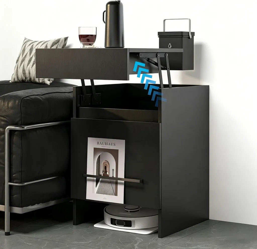 Estación de Carga Oculta para Robot Aspirador, Mueble de Almacenamiento Moderno en Tablero Negro de 18 mm