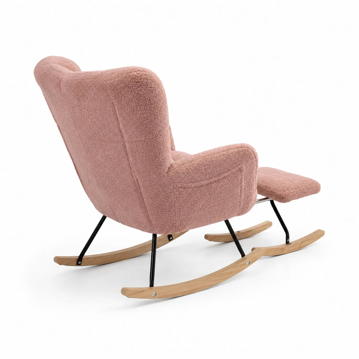 Silla mecedora de tela bouclé rosa con base de madera