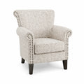 Poltrona rivestita in tessuto beige con motivo decorativo