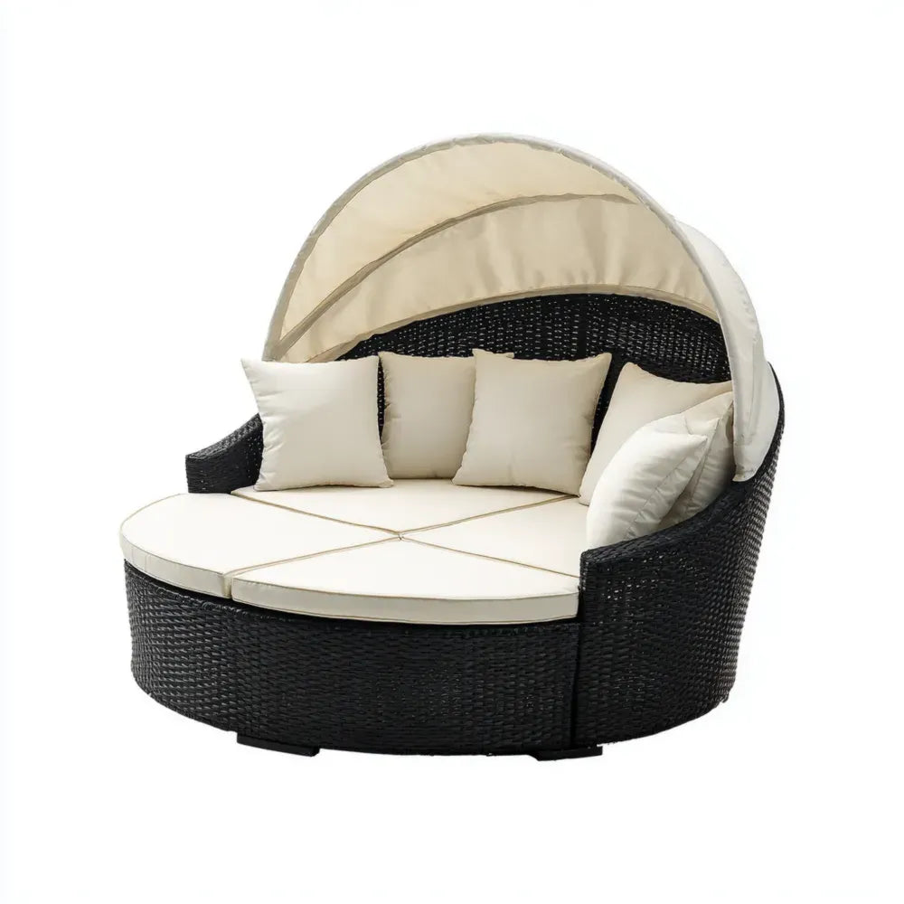 Outdoor Patio Daybed Rattan 180x180x150 cm - Black/Cream - Adjustable Canopy
