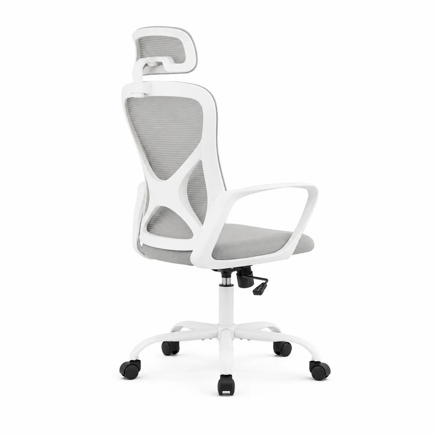 Silla de oficina ergonómica de malla gris y blanco con reposacabezas