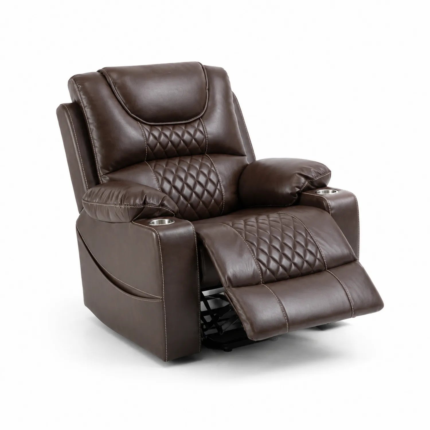 Sillón reclinable de cuero sintético marrón con portavasos