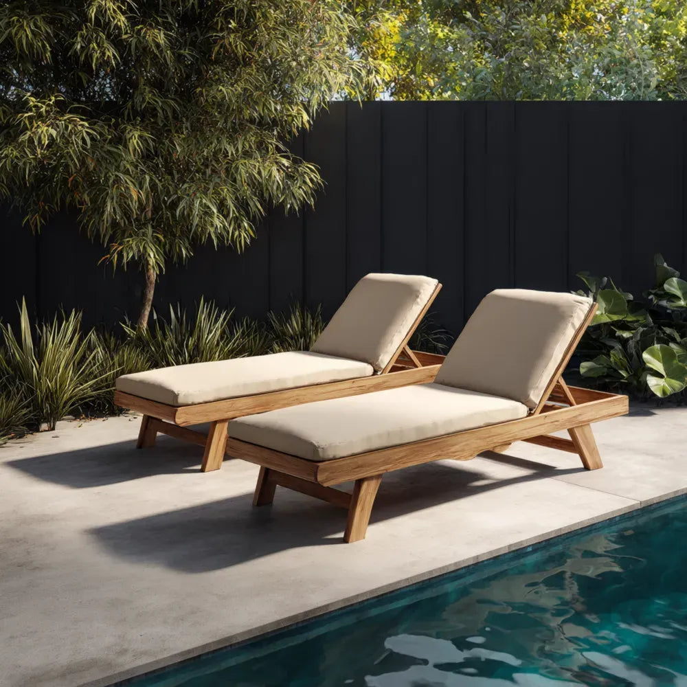 Outdoor Patio Recliners Teak Wood 200x65x35 cm Adjustable – Beige Cushions – Modern Design