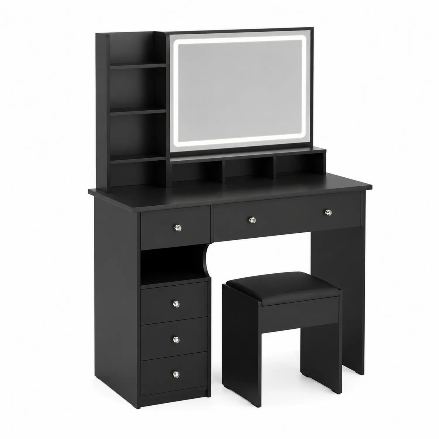 Mesa de tocador de MDF con espejo LED y taburete, 140 cm x 100 cm x 40 cm