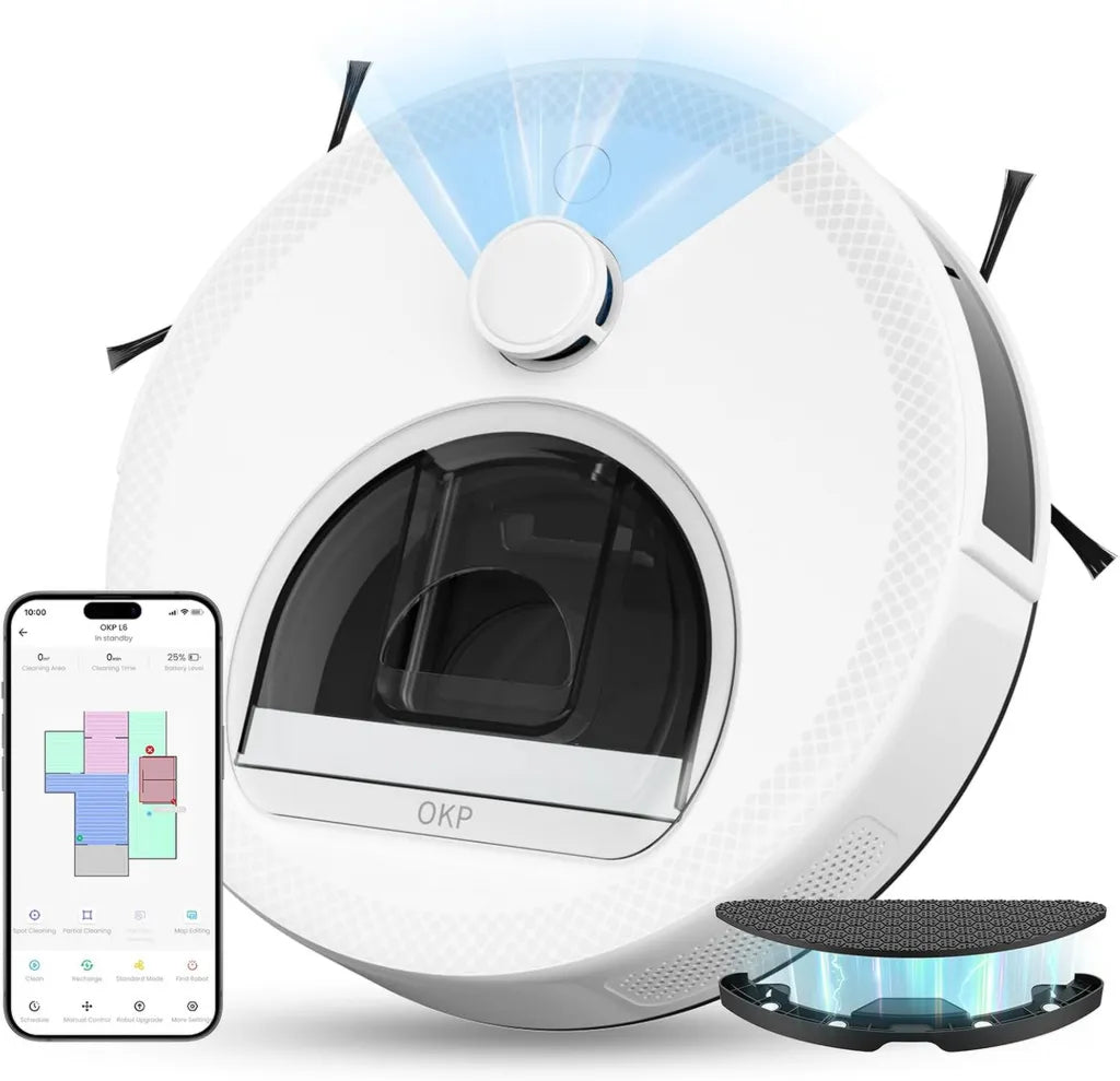 Robot Aspirador OKP L6, Succión 6000 Pa, Navegación Avanzada, Control por App y Alexa