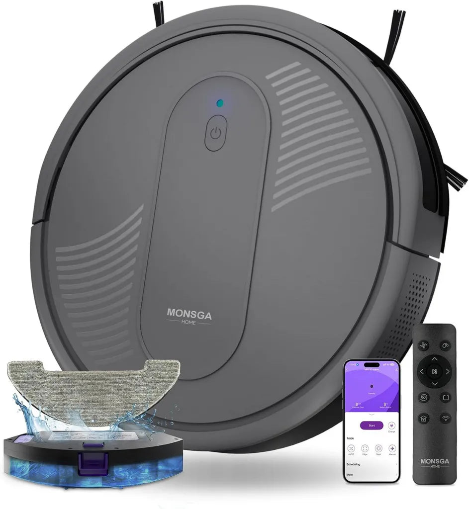 Aspirador Robot MONSGA 4000Pa con Fregado, 140 Min de Autonomía, Sensores Anti-caídas, Control por App, Gris