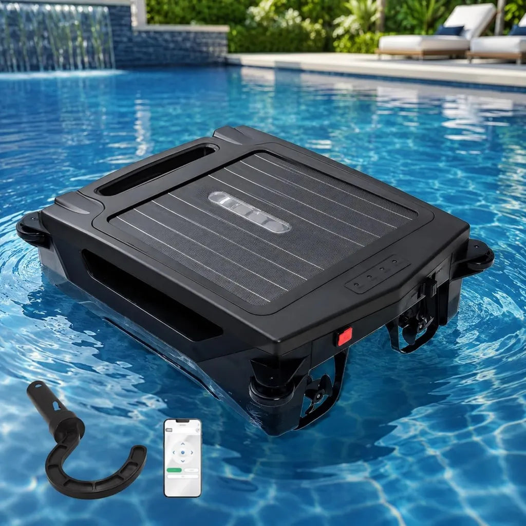 Robot Solar Inteligente para Piscinas, Limpiador de Superficie Automático con App, Apto para Piscinas Elevadas y Enterradas, Planificación Avanzada (Negro)