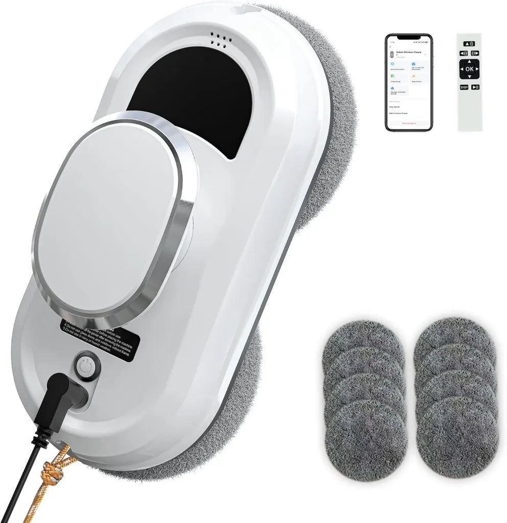 Limpiacristales Inteligente Automático 3000Pa, Detección de Bordes y Control Remoto, Incluye 10 Paños de Microfibra, Blanco
