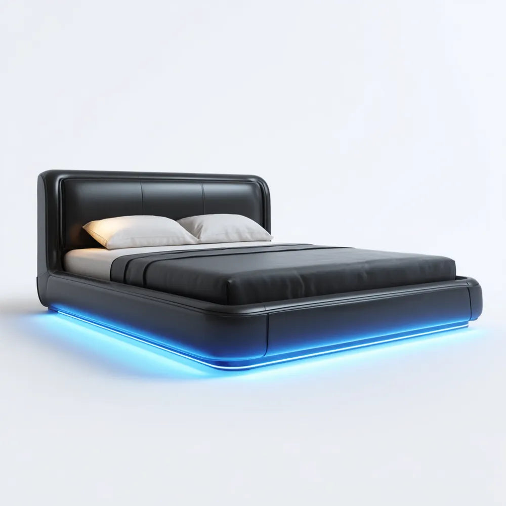 Modern Black Double Bed 215x165x90 cm Leather Upholstery with LED Lighting