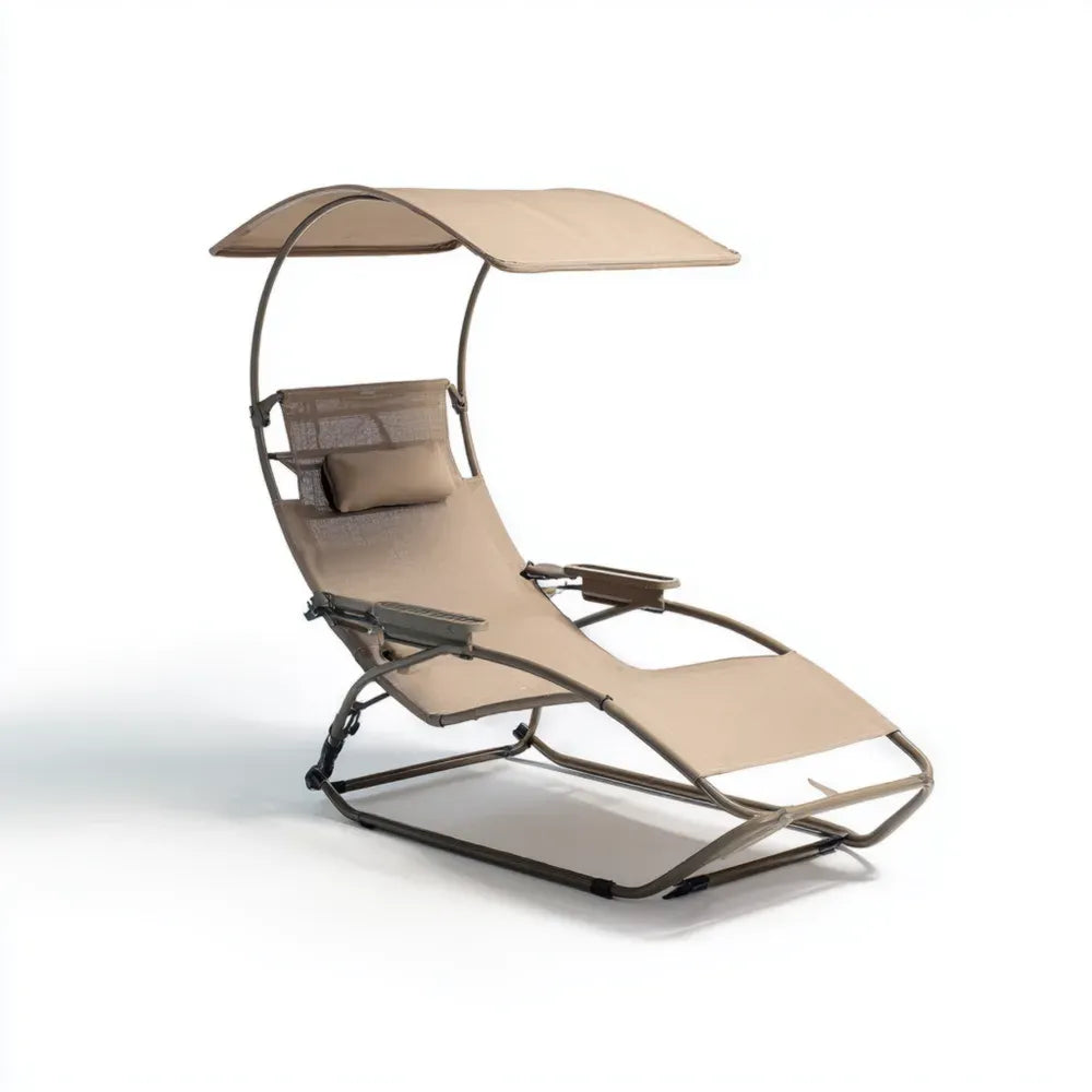 Outdoor Patio Recliner with Canopy - Steel Frame Beige 200x90x150 cm - Modern Design