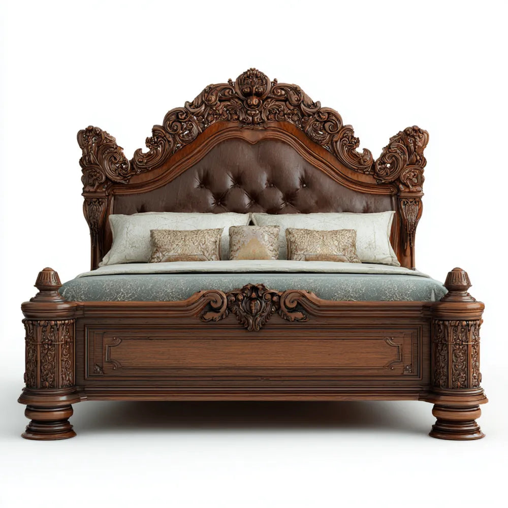 Double Bed 200x160x150 cm Solid Wood Baroque Style – Dark Brown – Luxurious Carved Design